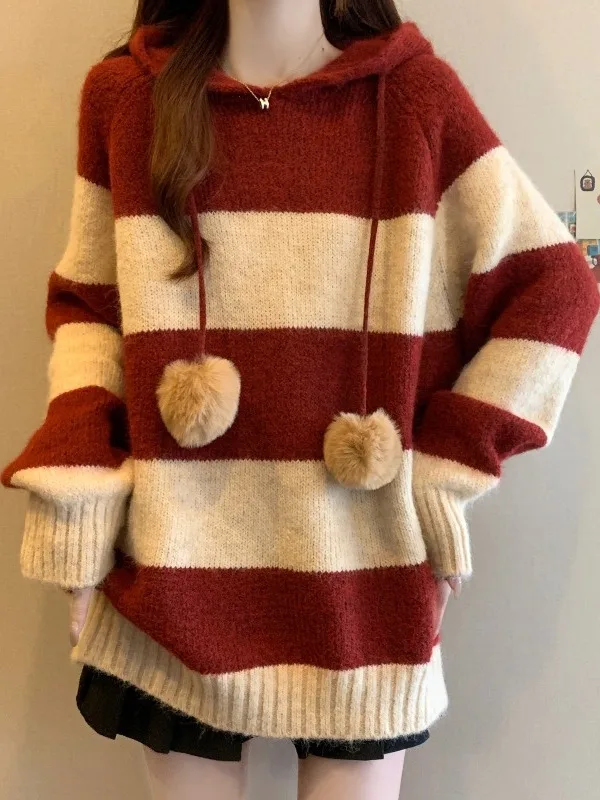 

Red Striped Hooded Long Sve Women's Knitted Sweater Mid-Length plus Size Casual Sle Autumn Winter Faion Trend