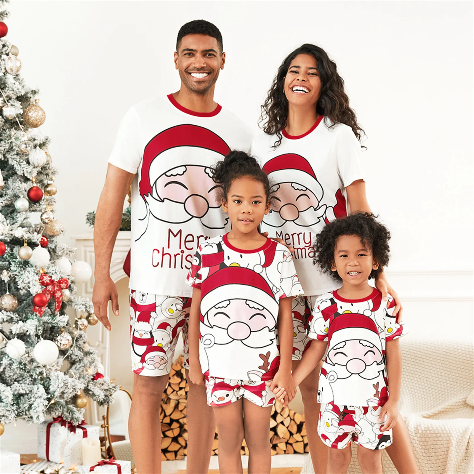 PatPat Christmas Santa and Snowman Print Family Matching Short-sleeve Tops and Shorts Pajamas Sets (Flame Resistant)