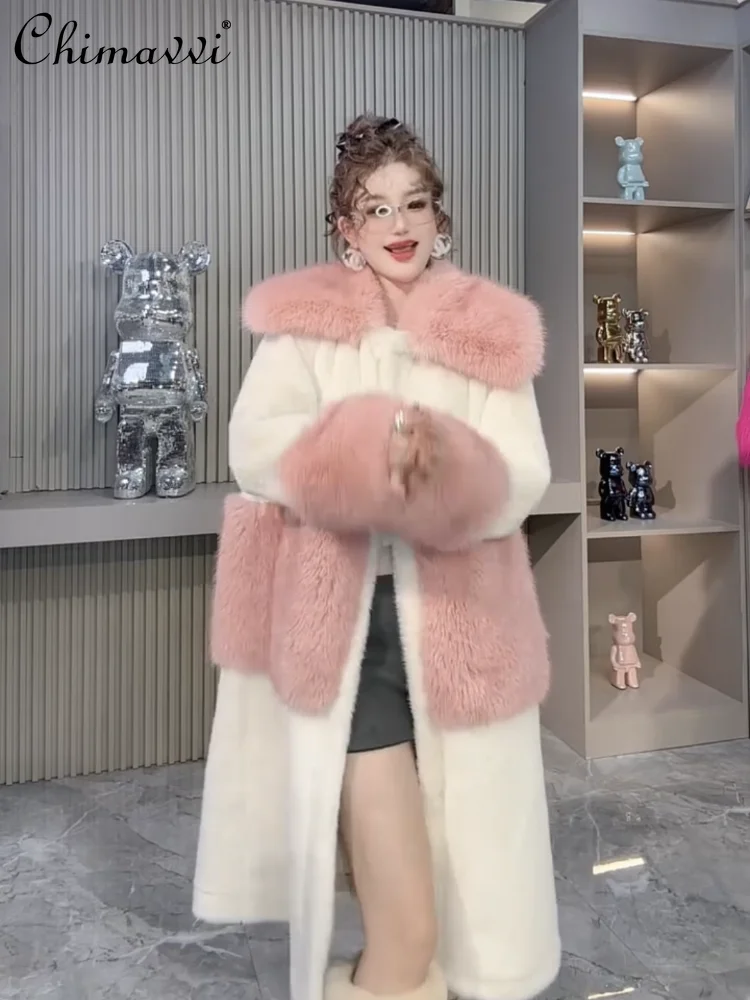 

Зимняя одежда 2024, новая тяжелая шуба для женщин, высококачественные свободные элегантные теплые куртки средней длины с воротником из искусственного лисьего меха и длинными рукавами