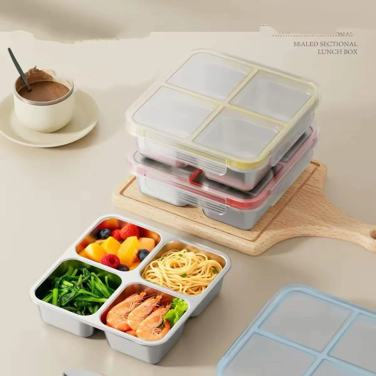 Stainless steel lunch box, fat-reducing meal plate, compartmented portion control lunch box, home refrigerator storage box, bento box