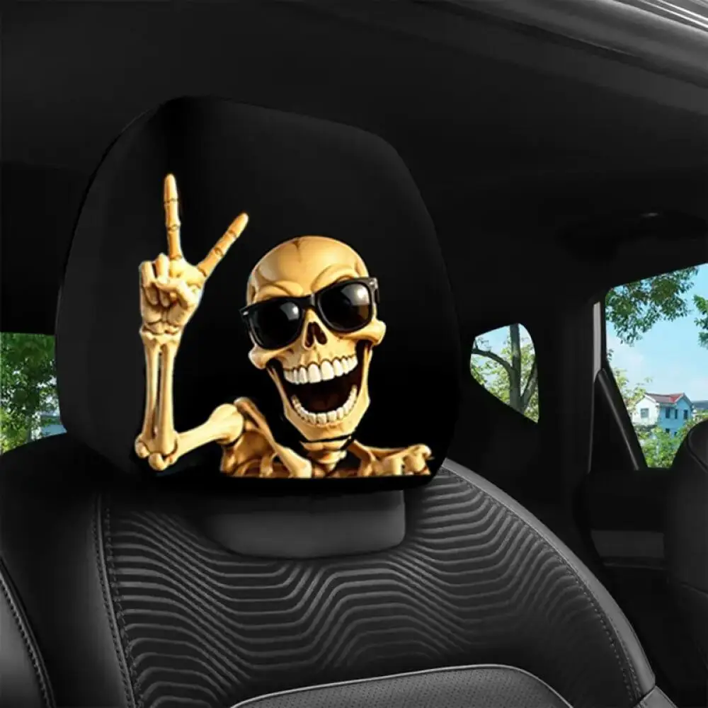 2Pcs Golden Skeleton Sunglasses Peace Sign Car Headrest Covers, 2D Printed, Soft High Elastic, Fits Most Car Models