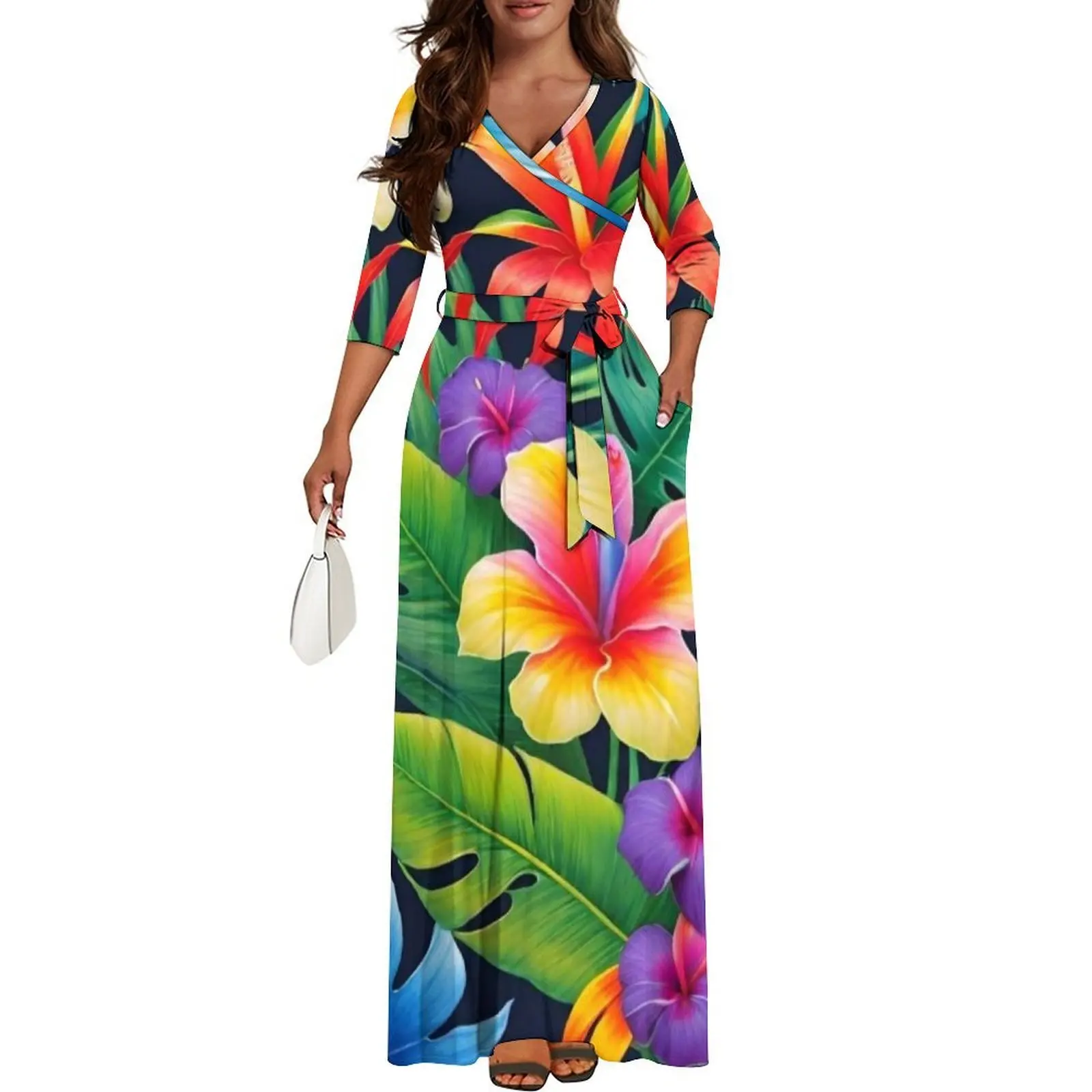 Floral Pattern Design Women'S Dress Elegant V-Neck Skin-Friendly Long Dress Polynesian Custom Waist Strap Hibiscus Flower Design