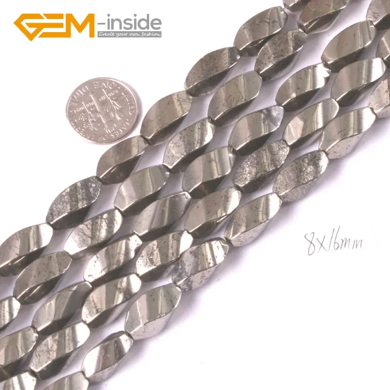 8x16mm Natural Gray Pyrite Gem stone Twist Beads For Jewelry Making Strand 15\