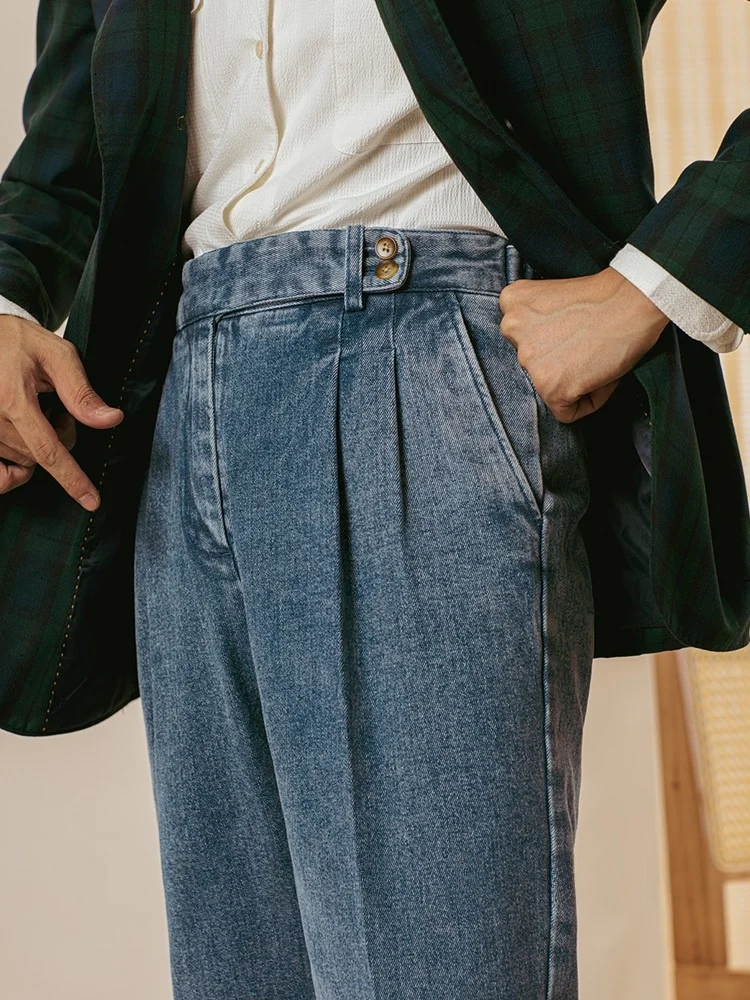 Casual High Waist Straight Leg Jeans Men's Autumn Winter Business Gentleman Long Pants Naples Youth Drapey Suit Pants