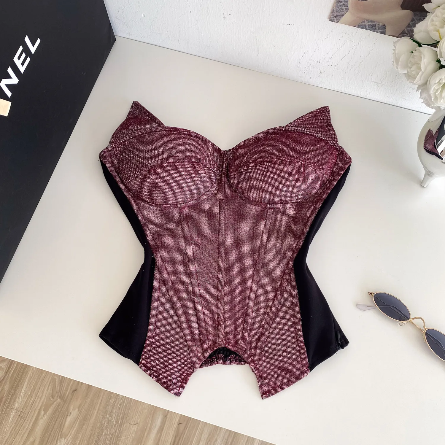 Sexy Asymmetrical Unique Spliced Slim Tube Top Chic Strapless Crop Top Corset Bustier Cami  Slim Tank Top