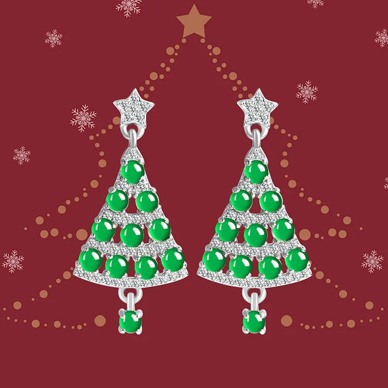 Natural A-grade Jade Sun Green Christmas Tree Earrings Ice Jadeite S925 Silver Set Fashion Ear Stud Women's Jewelry Drop Ship