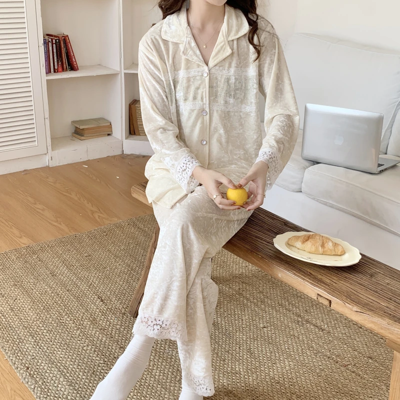 Diamond Pajama Sets Women Turn-down Collar Elegant Temperament Exquisite Advanced Long Sleeve Spring All-match Ladies Homewear