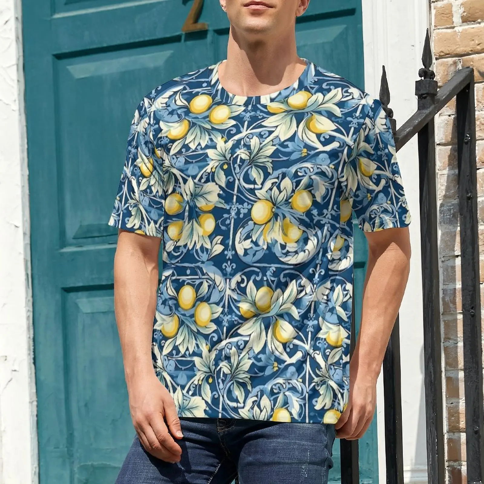 Lemon Blue Majolica Tile Print T Shirt Novelty T Shirts Man Awesome Tee Shirt Summer Short-Sleeved Design Clothes Plus Size 5XL