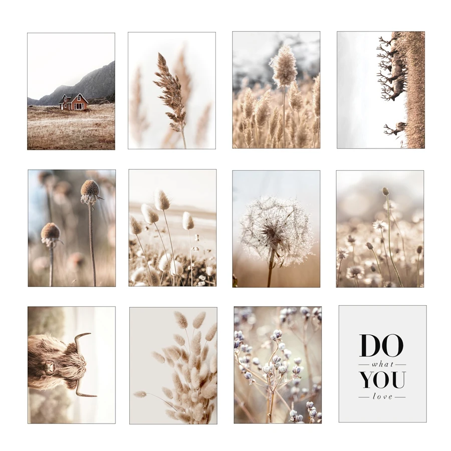 

Beige Reed Dandelion Grass Cow Natural Wall Art Canvas Painting Nordic Posters And Prints Wall Pictures For Living Room Decor