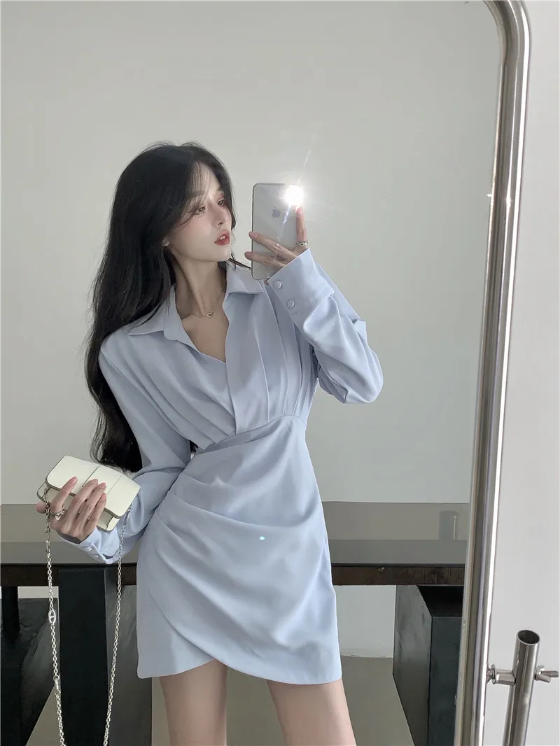 Women Spring New High-Grade Korean Style Light Blue Shirts Dress Temperament Polo Collar Slimming Long sleeve Skirts Fashion