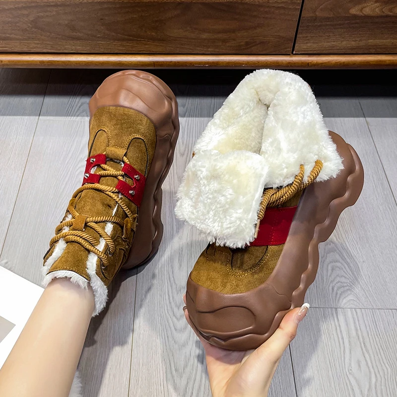 Warm Snow Boots for Women 2025 Winter Plush Cotton Padded Shoes Woman 8CM High Heels Leather Ankle Booties Chunky Platform Shoes