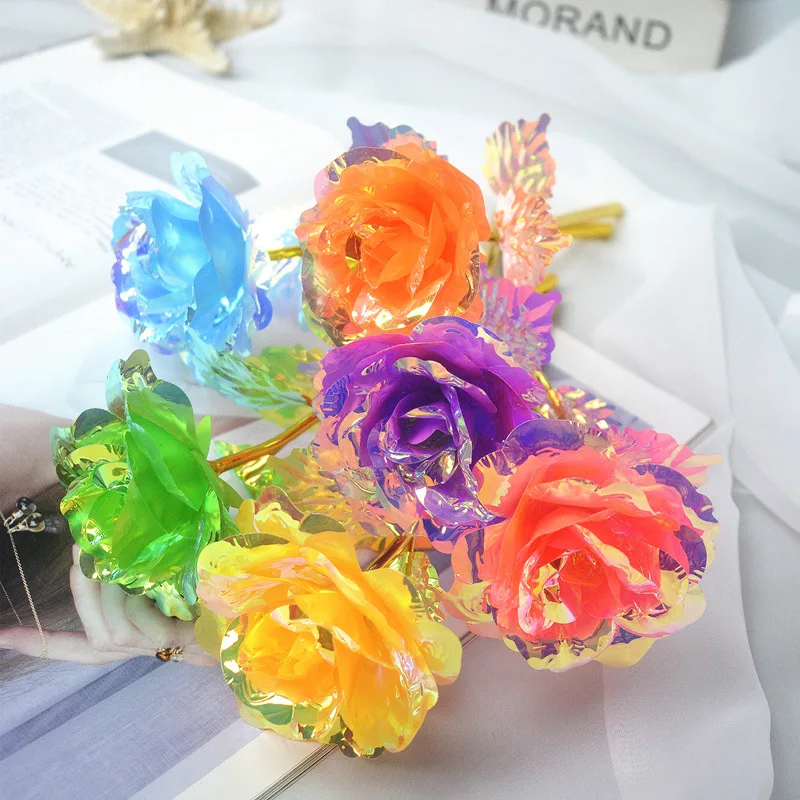 Colorful Gold Foil Flowers Macaron Color Rose Valentine's Day Crystal Flowers Gifts Artificial Flowers for Home Decoration