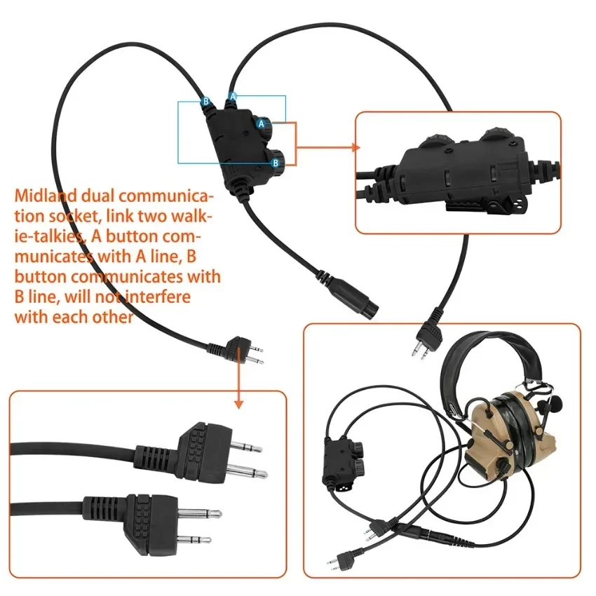 Compatibile con PELTO COMTAC/ MSA SORDIN Airsoft Tactical Headset Military RAC Dual Channel PTT Adapter decoder