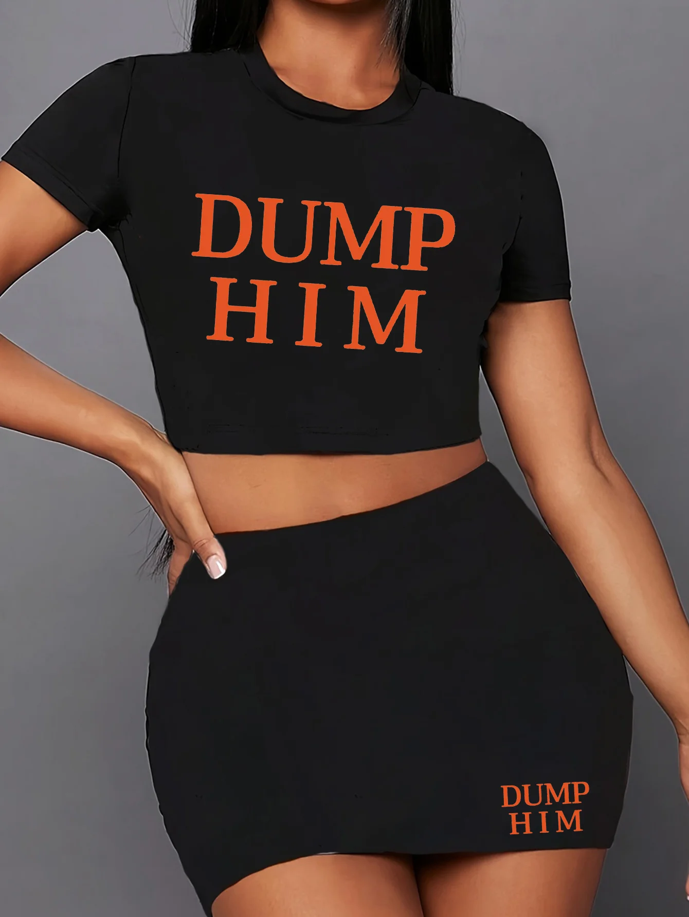 Dump Him Letter Print Two Piece Set, Short Sleeve Round Neck T-shirt & Skirts, Women's Clothing