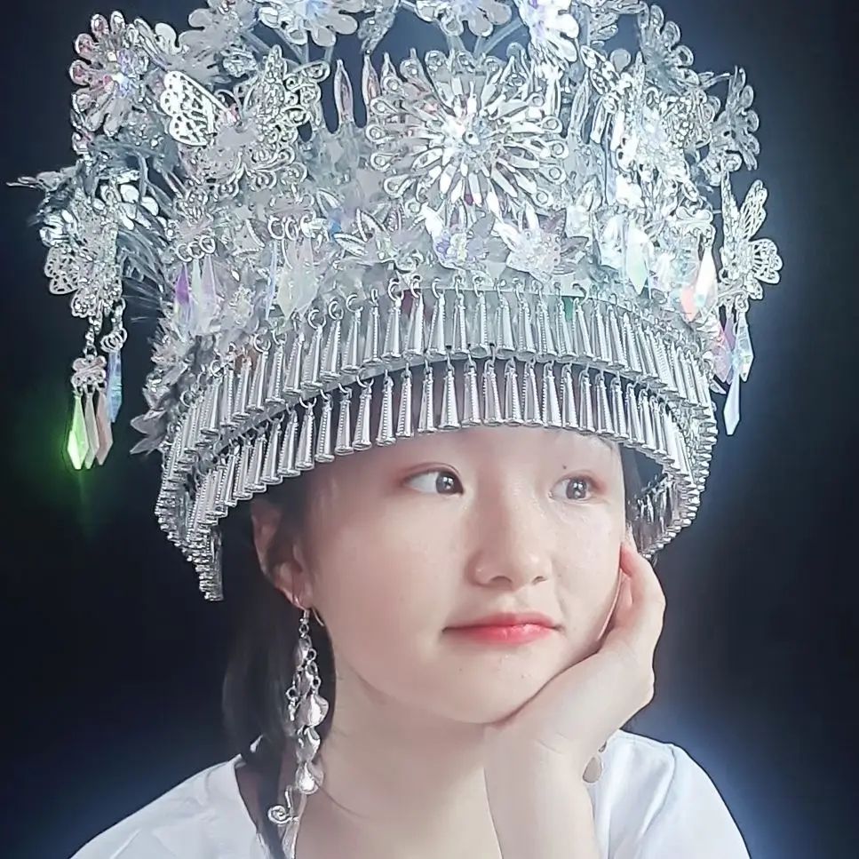 4 Colors Miao Silver Hat Minority Nationality Headdress For Adults Vintage Dance Headwear Ornaments Beautiful