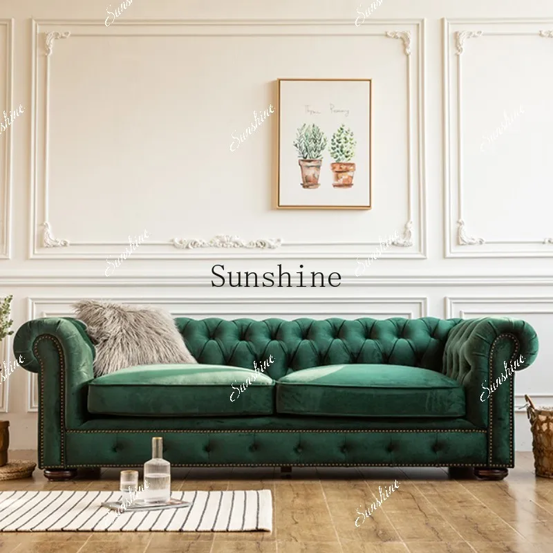 Pull-up dark green sofa Small apartment living room straight sofaYY