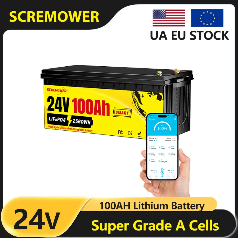 

24V 100AH LiFePO4 Lithium Battery Rechargeable Battery,Max.2560W for Solar Panel Kit,42LBS Trolling Motors,Camper,RV,Household