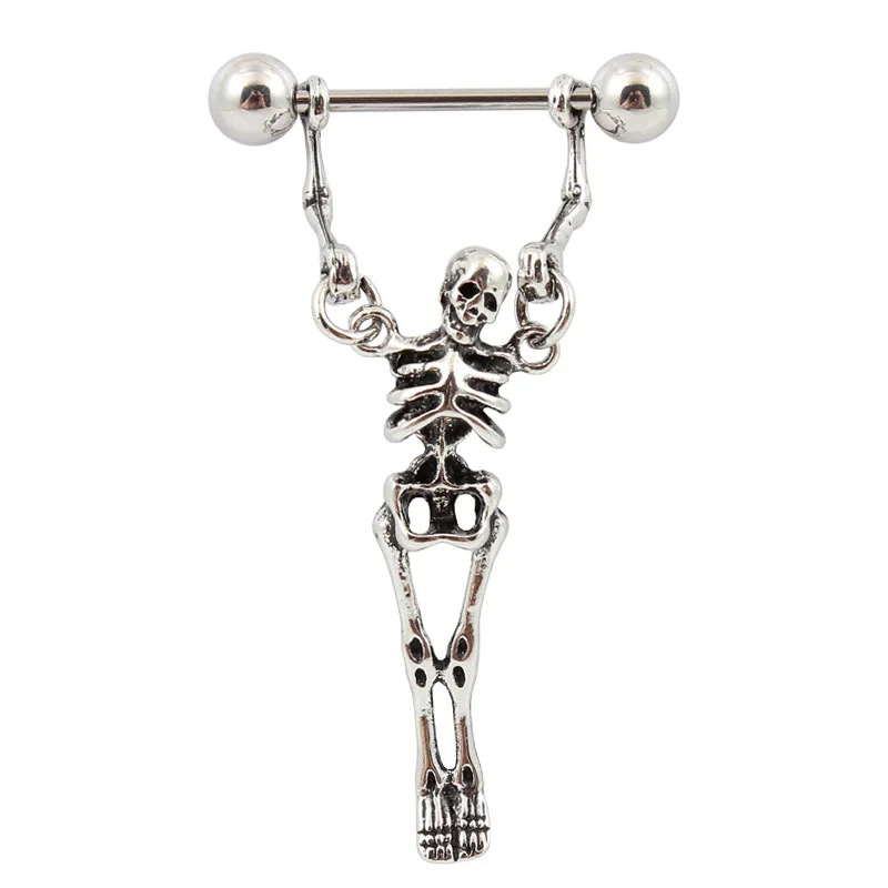 Gothic Halloween Street Barbell Skeleton Human ShapedBarbell for Women Vintage Punk Barbell Pierced Skull Earring Jewelry