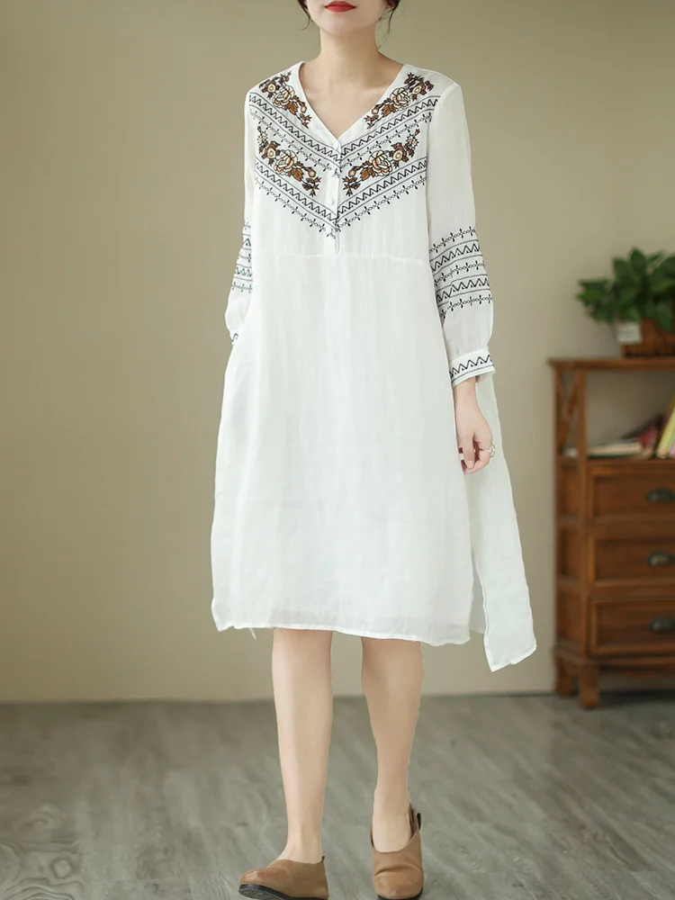 ชุดเดรสผ้าฝ้ายลินินทรงหลวมปักลายดอกไม้ คอวี แขนสั้น ทรงเอ ความยาวปานกลาง เหมาะสำหรับใส่ไปทำงานในฤดูร้อน