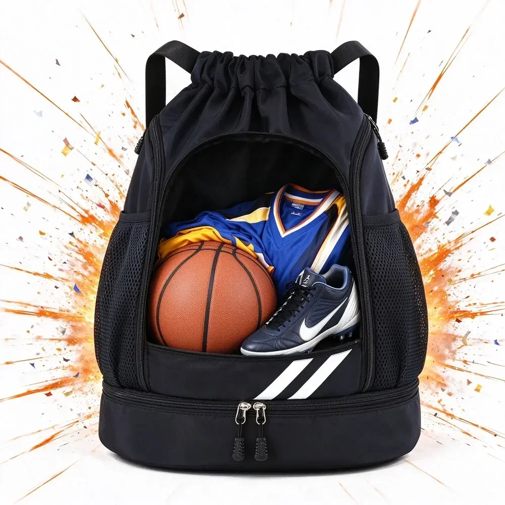 Soccer Drawstring Backpack, Portable String Gym Bag with Shoe Compartment, Large Main Pocket for Sports Ball, Swimming, Fitness