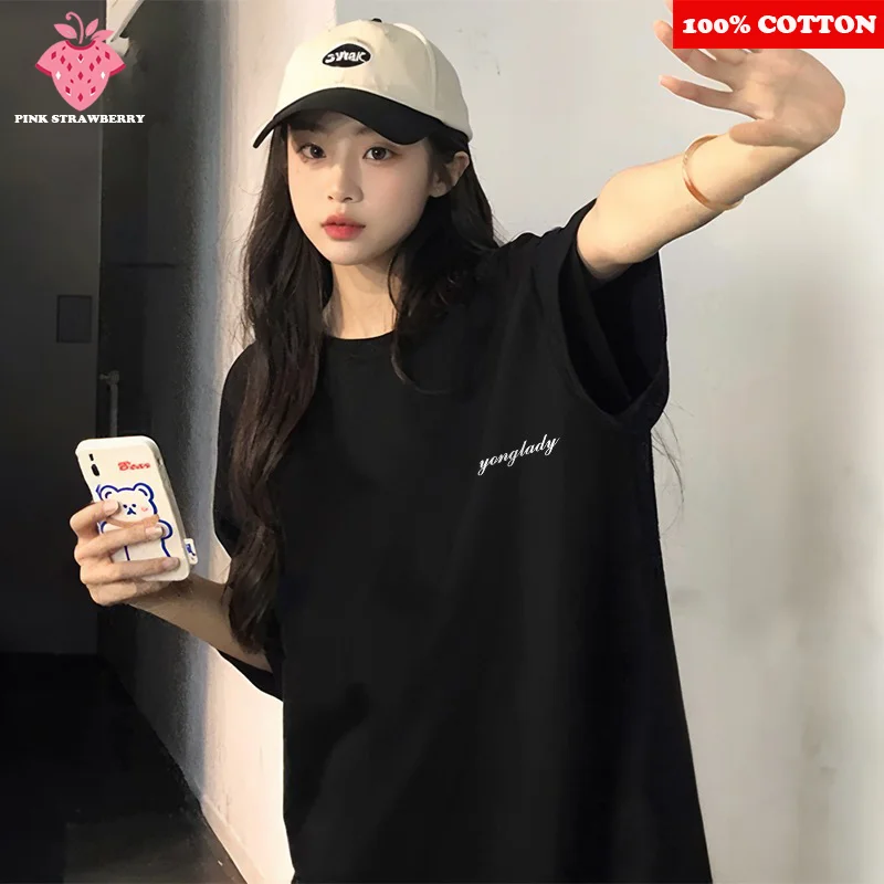 

Black Short sleeve women T-shirt Women Summer 2025 New 100% Cotton Letter Print Round Neck Loose T-shirt Y2k Top Female clothes