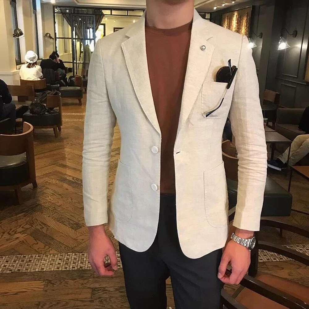 Chic Linen Men Suits Blazer Fashion Notch Lapel Single Breasted Coat Summer Casual Business Formal Basic Male Jackets 1 Piece