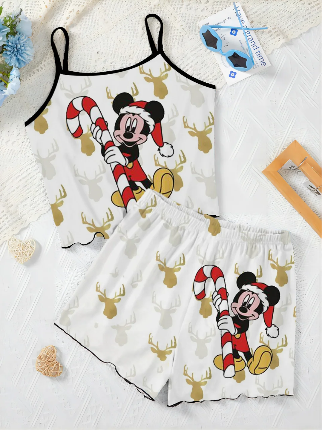 Top Slip Dress Christmas Lettuce Trim Short Sets for Women 2 Pieces Minnie Mouse Disney T-shirt Mickey Women's Suit Elegant Home