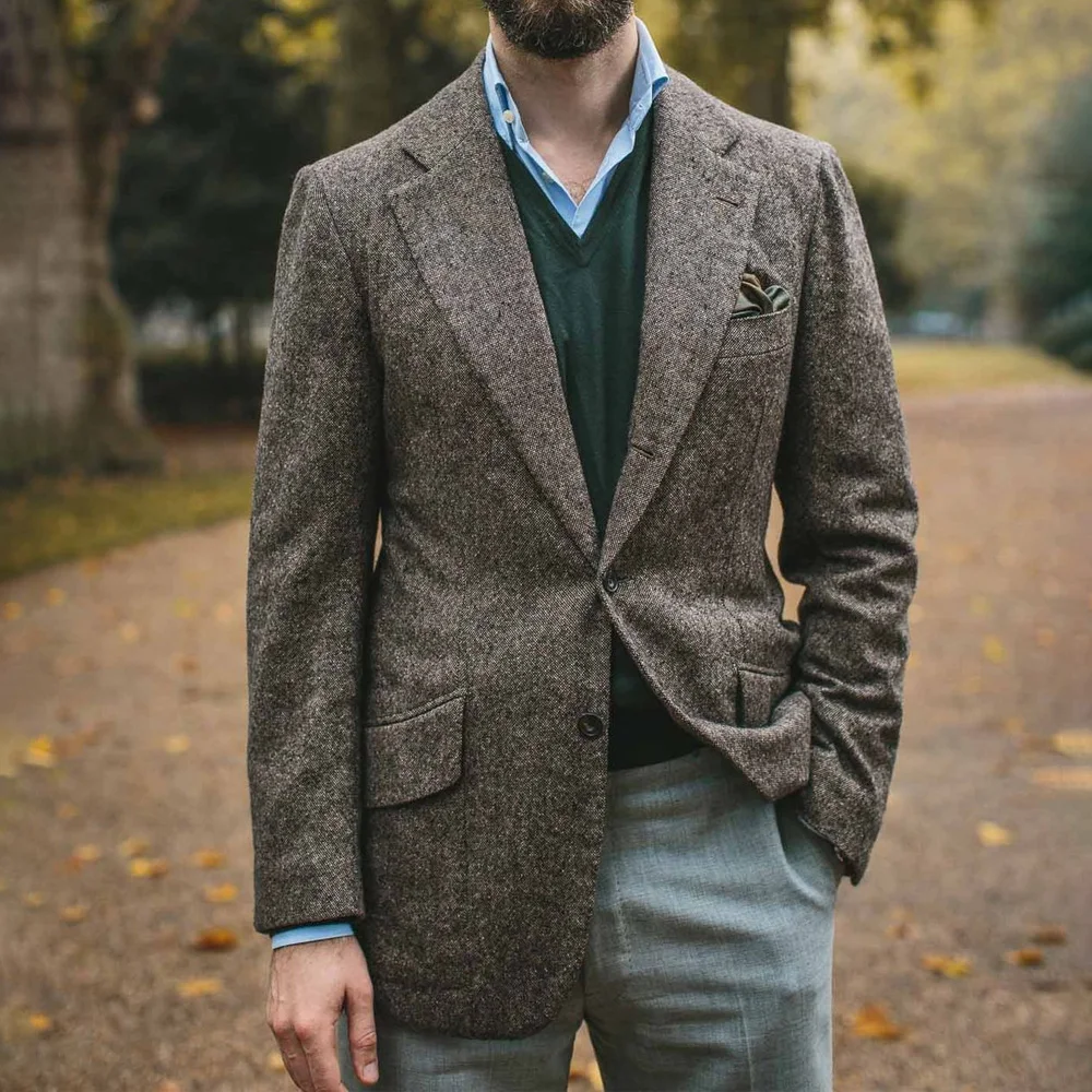 

Men's Social Coat Vintage Herringbone Fabric Fashion Suit Jackets Casual Style Notch Lapels Man Jackets High Quality Suits