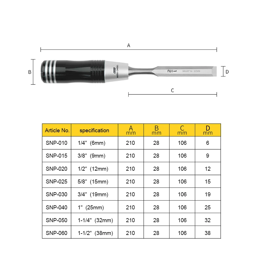 KAKURI SNP-8S Juego de cinceles de madera de 8 piezas con caja de madera para procesamiento de carpintería, hoja de grabado, tallado, carpintería, cincel plano