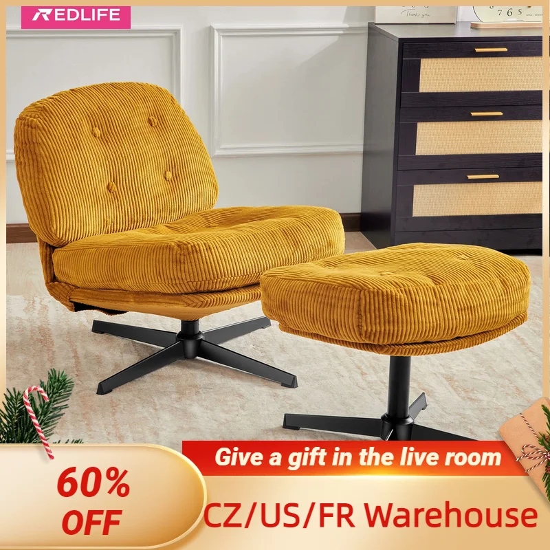 Redlife-Single Sofa with Ottoman, Swivel Chair, Corduroy Accent Chair, Tufted Upholstered, Lazy, Living Room, Bedroom, 360 °