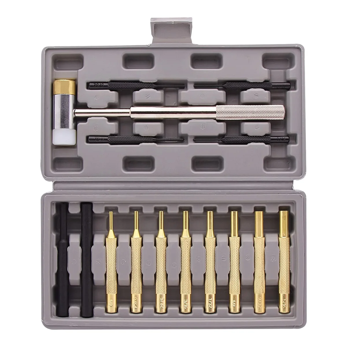 Professional Roll Pin Punch Set & Hammer -With Brass, Steel, Plastic Punches and Interchangeable Hammer Head