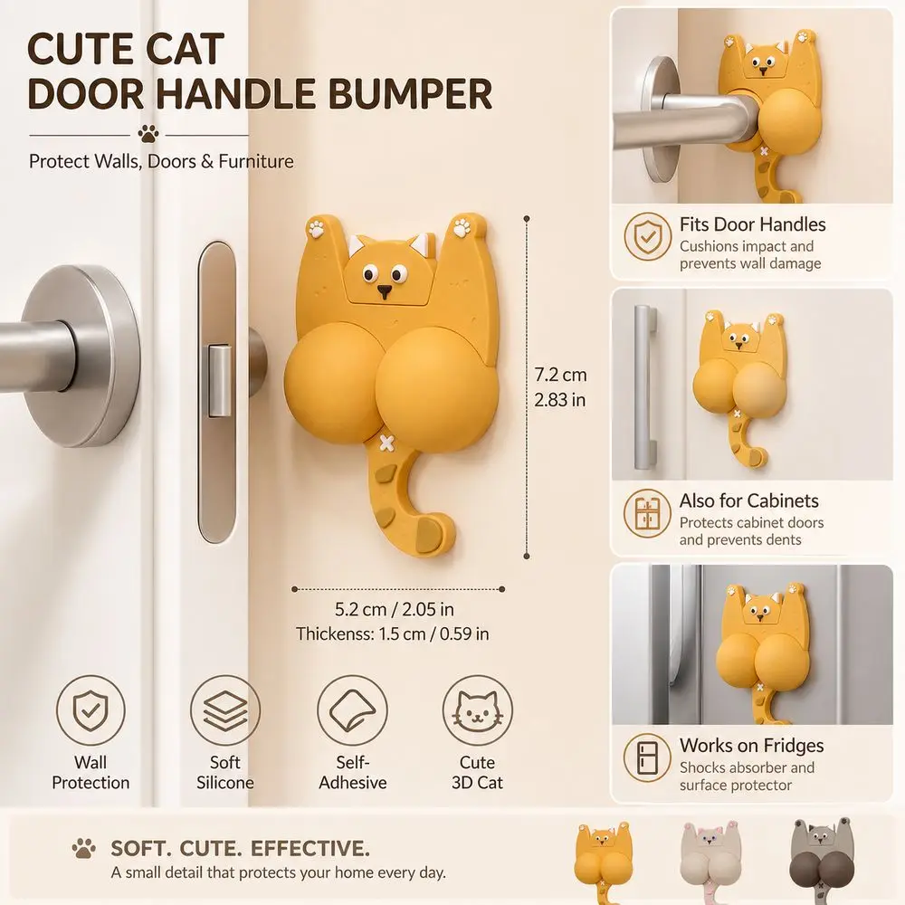 3D Cat Shape Anti-Collision Pad Self Adhesive Cartoon Cat Door Bumper Soft Cushioning Impact Absorbing Wall Protector Pad