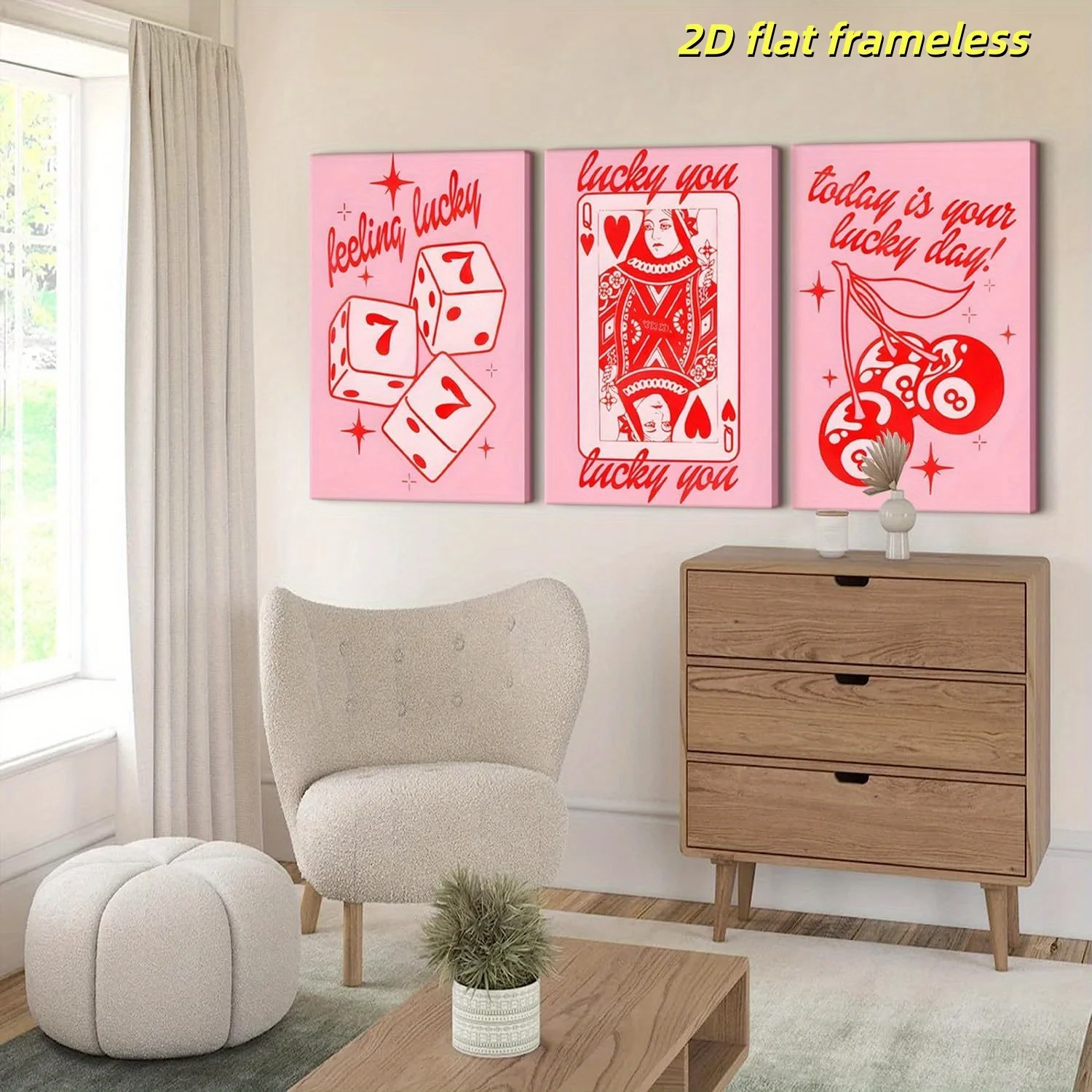 3 pieces of pink lucky art, fashionable pink dice, and Heart King poker canvas posters, perfect for decorating living rooms or b