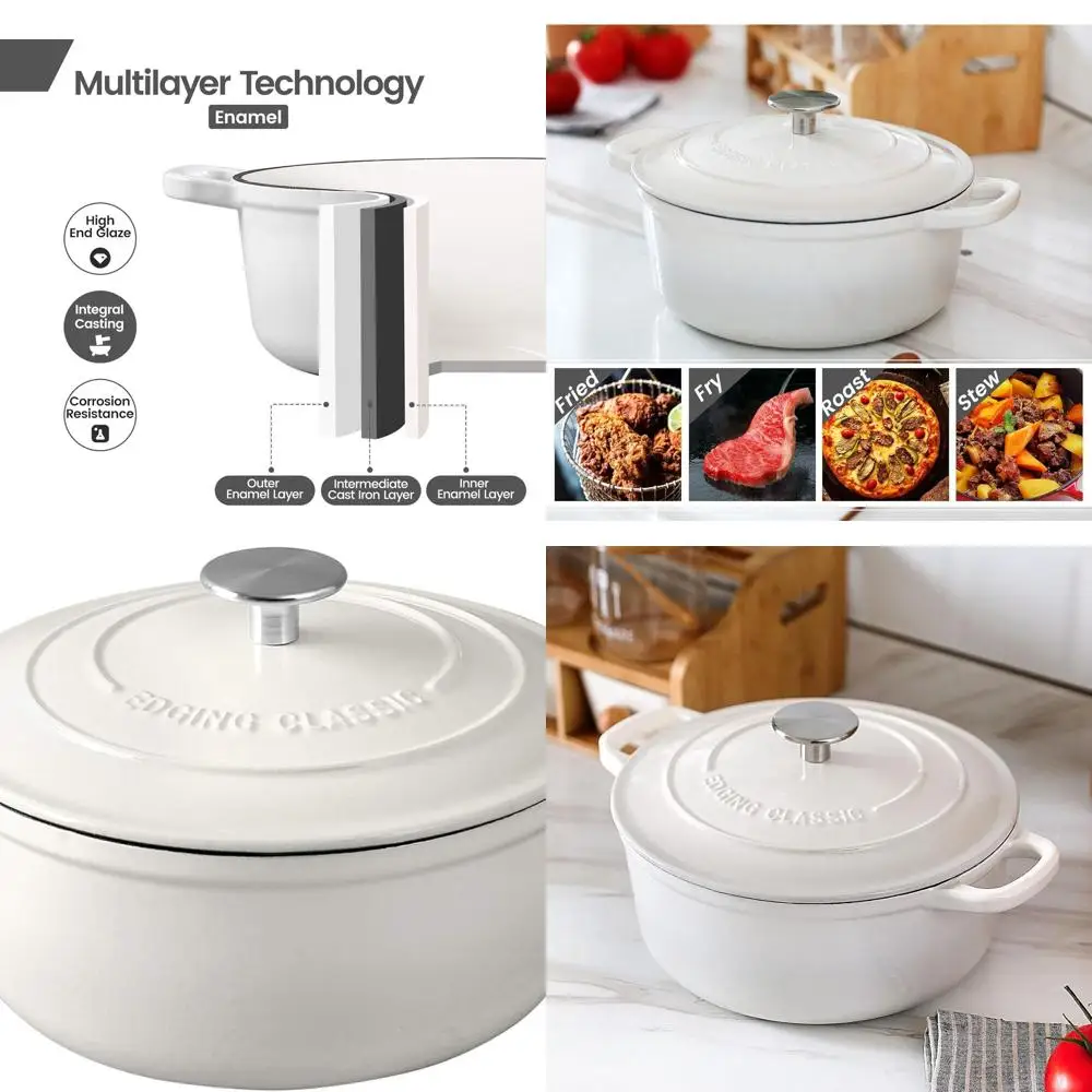 

Enameled Cast Iron Round Dutch Oven with Lid, 7 Quart, White, Ideal for Bread Baking