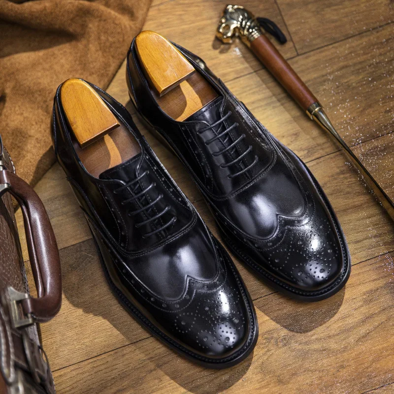 New British Style Business Dress Genuine Leather Casual Sculpted Round Toe Brogue Oxford Shoes Men Fashion Formal Wedding Shoes