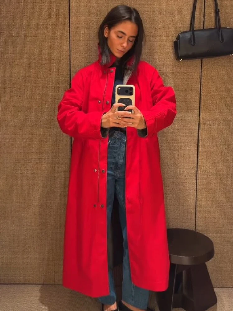 Fashion Plaid Solid Two Sides Overcoat  Women Stand Collar Snap Button Loose Fit Maxi Coat 2026 Autumn Commute Street Outerwear
