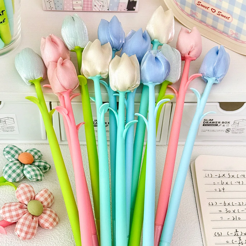 20Pcs/Lot Cute Fabric Flower Gel Pen Creative Tulip 0.5mm Black Ink Neutral Pen Learning Stationery Gift Student Signature Pen