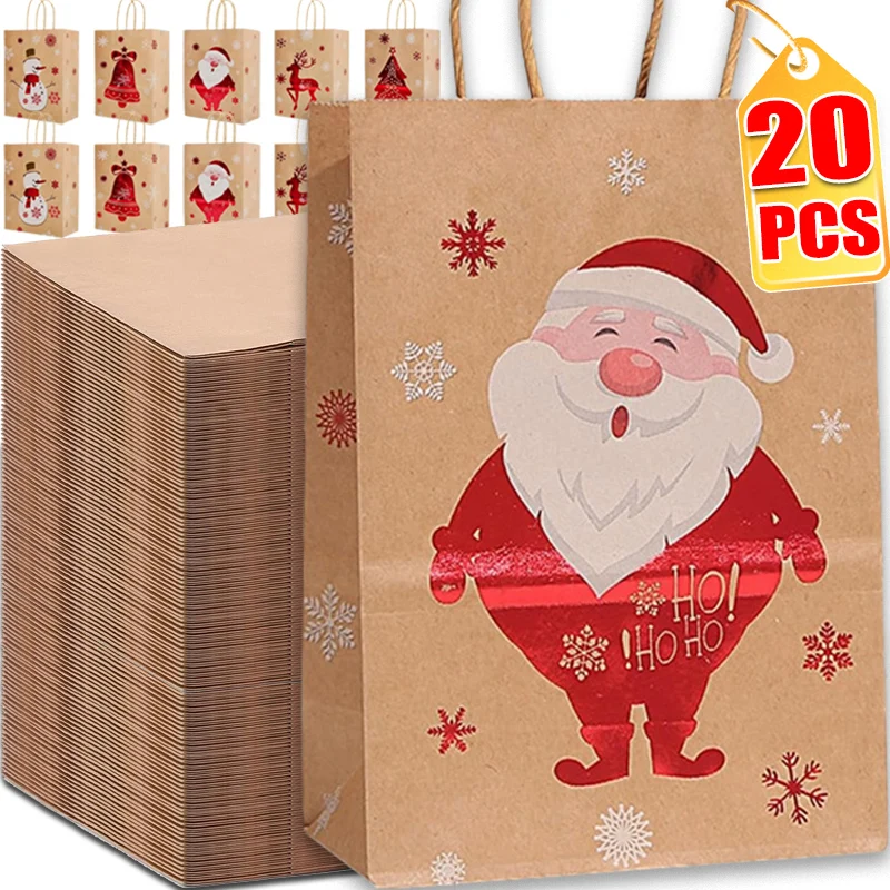 1/20Pcs Christmas Gift Bags Kraft Paper Handbag Santa Claus Candy Snack Packing Bag Xmas New Year Festive Party Decor Supplies