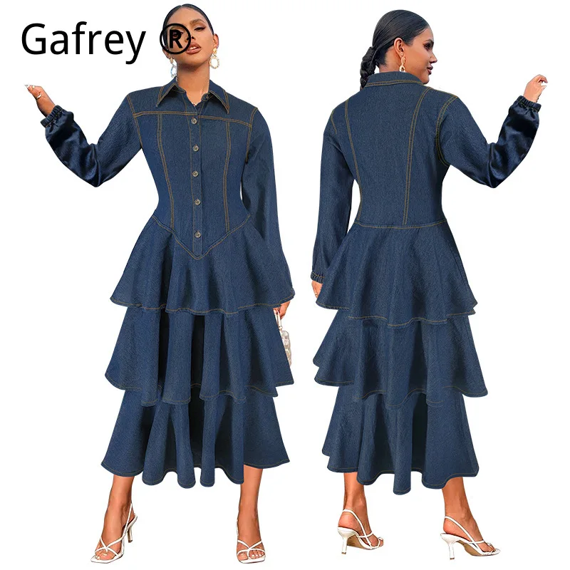 

Новое джинсовое платье 2026 года для женщин: длинное, с отложным воротником, многоярусное, макси, повседневное, с оборками по низу, винтажное, в стиле бохо, платье-рубашка