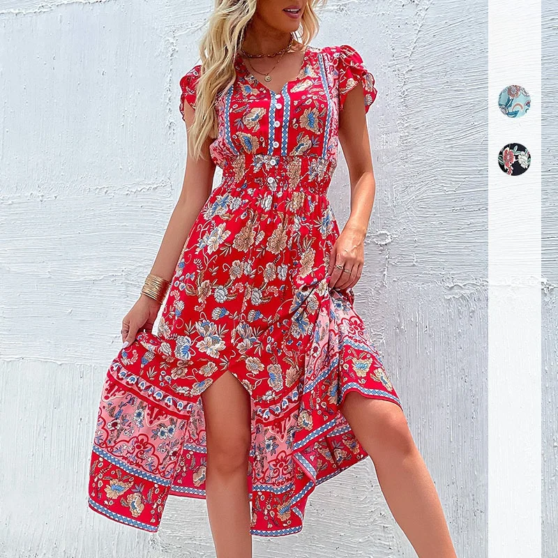 Vestido Casual Slim com Decote em V Vermelho para Mulheres, Saia em A de Cintura Média, Manga Curta, Crimento Médio, Mater...