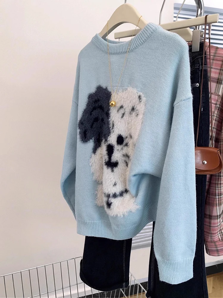 Korean Fashion Y2k Sweaters Cartoon Puppy Jacquard O-Neck Long Sleeve Knitted Tops Autumn Loose Women Pullovers