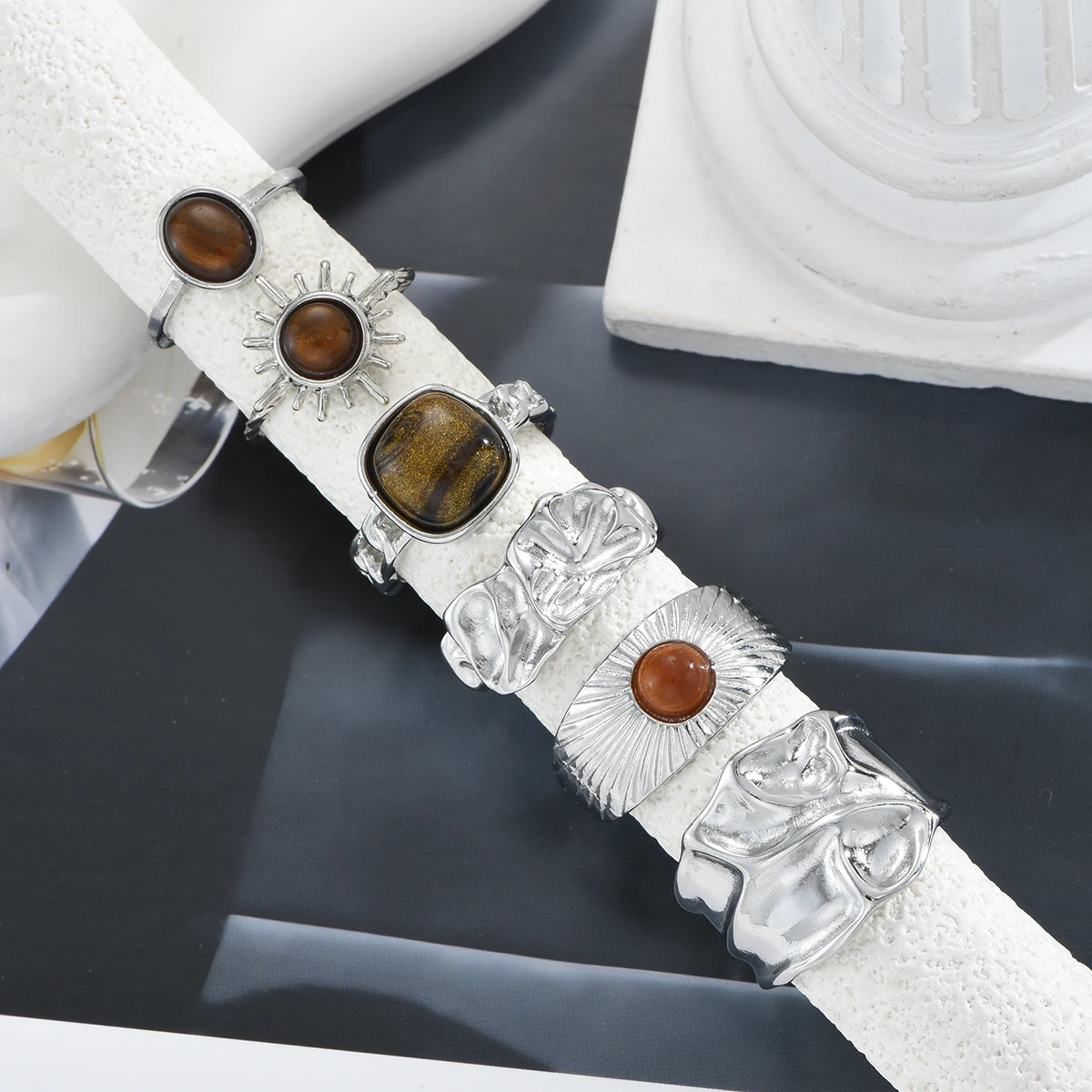 6pcs Vintage French Minimalist Metal Rings Set Fashion Tiger Eye Stone Asymmetrical Knuckle Ring For Women Daily Wear Jewelry