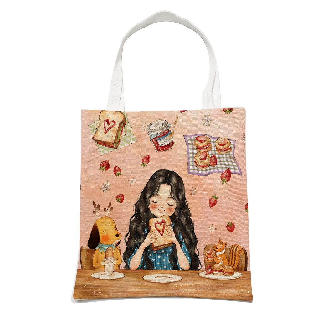 Cute Cartoon Girl Fashion Shopping Shoulder Bag for Women Reusable Double Sided Print Casual Children Canvas Tote Handbag