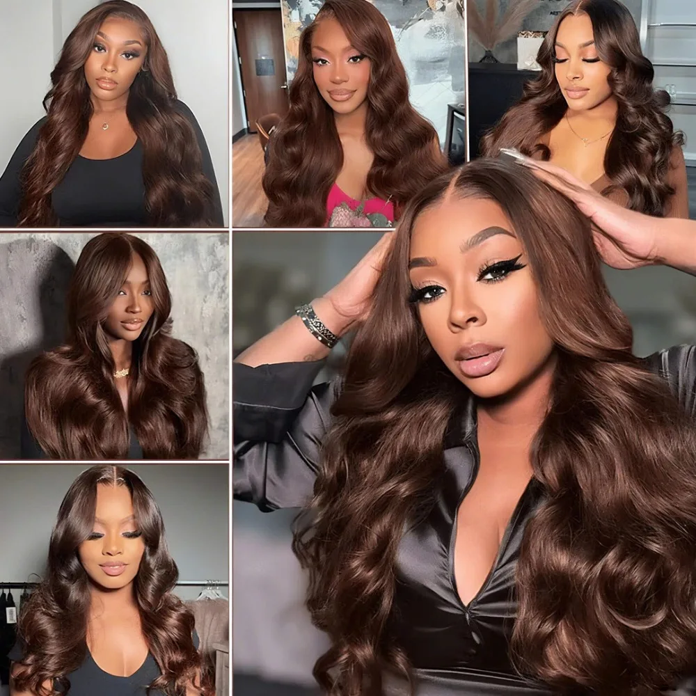 220% Density Chocolate Brown Body Wave Lace Front Human Hair Wig 13x4 13x6 HD Transparent Lace Frontal #4 Colored Wigs For Women image 4