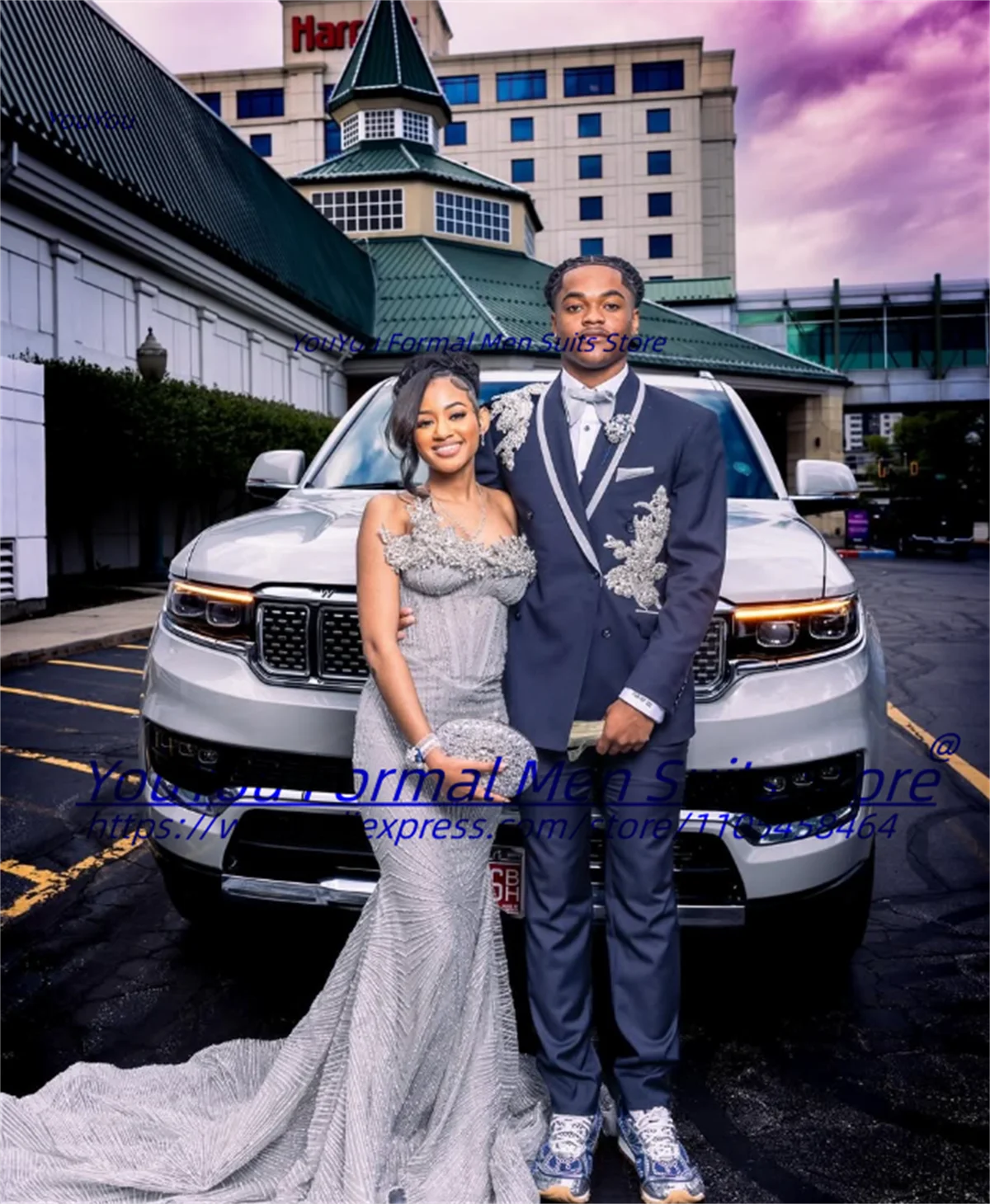 

High-end Dark Gray Prom Men Suits Sparkling Rhinestone Embroidery Slim Fit Groom Wedding Tuxedos 2Pieces Sets trajes para hombre