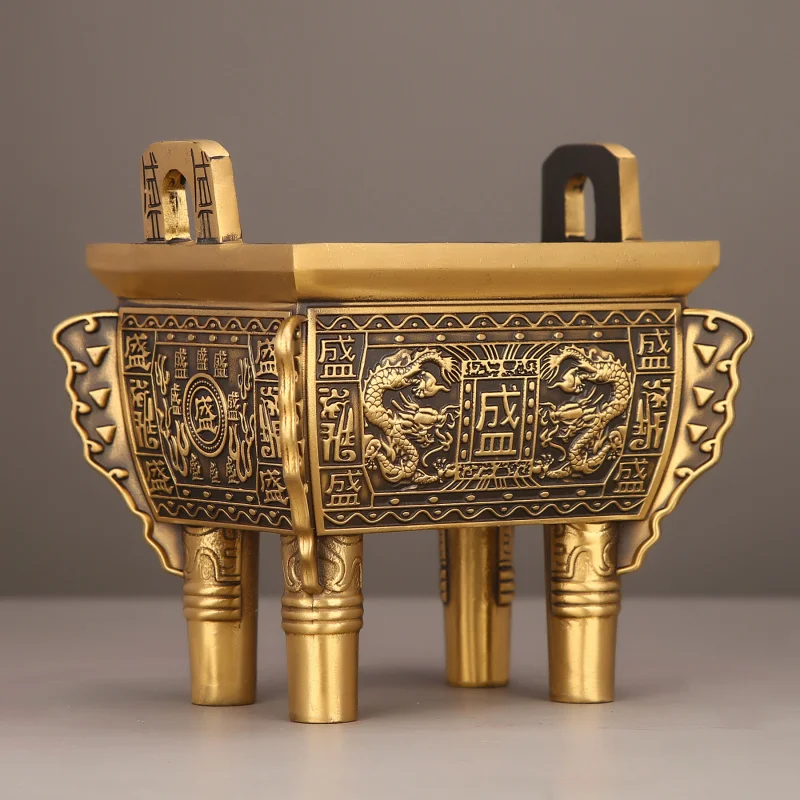 Pure Brass : Wealth-Attracting Double Dragon Ornament, A Timeless Square Censer Craft Decoration