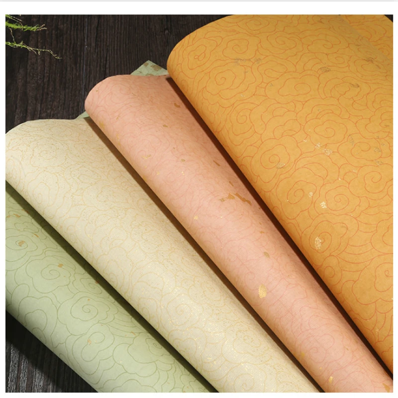 Antique Batik Xuan Paper Cloud Pattern Color Sprinkle Gold Half-Ripe Rice Paper Brush Pen Regular ScriptCalligraphy Works Papier