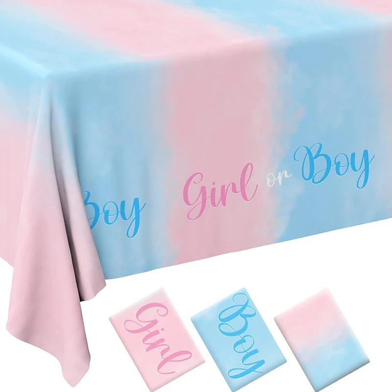 Gender Reveal Tablecloth - Pink & Blue Rectangular Plastic Table Cover, for Baby Shower, Baptism, Birthday Party Decorations