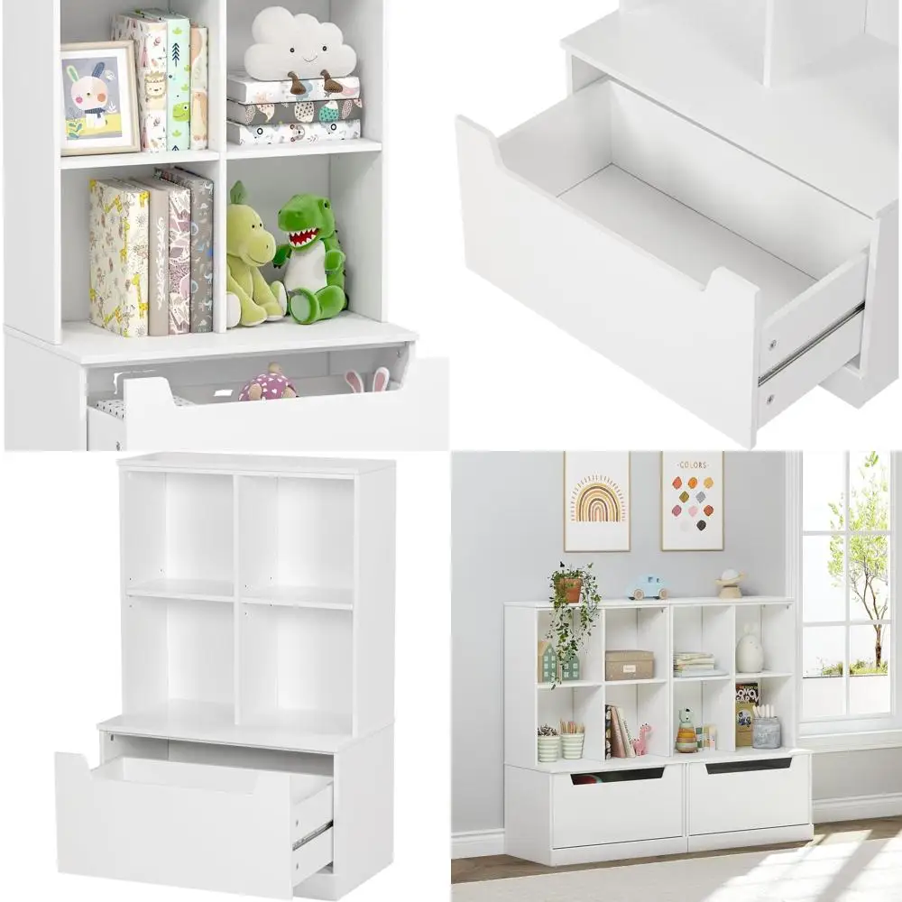 

Adjustable Wooden Toddler Bookshelf and Toy Organizer with Cubby Storage for Kids' Rooms in White