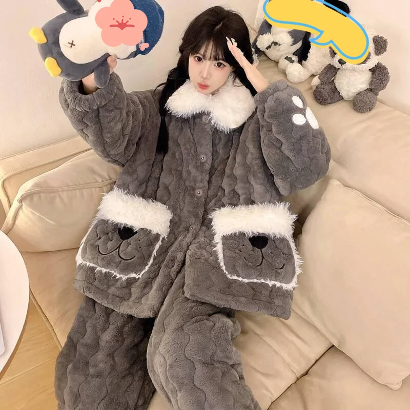 Pijamas de mujer, ropa de dormir cómoda, conjunto de pijama de algodón, invierno, otoño, acolchado, oso coreano, forro polar Coral, traje para casa grueso y cálido para adolescentes